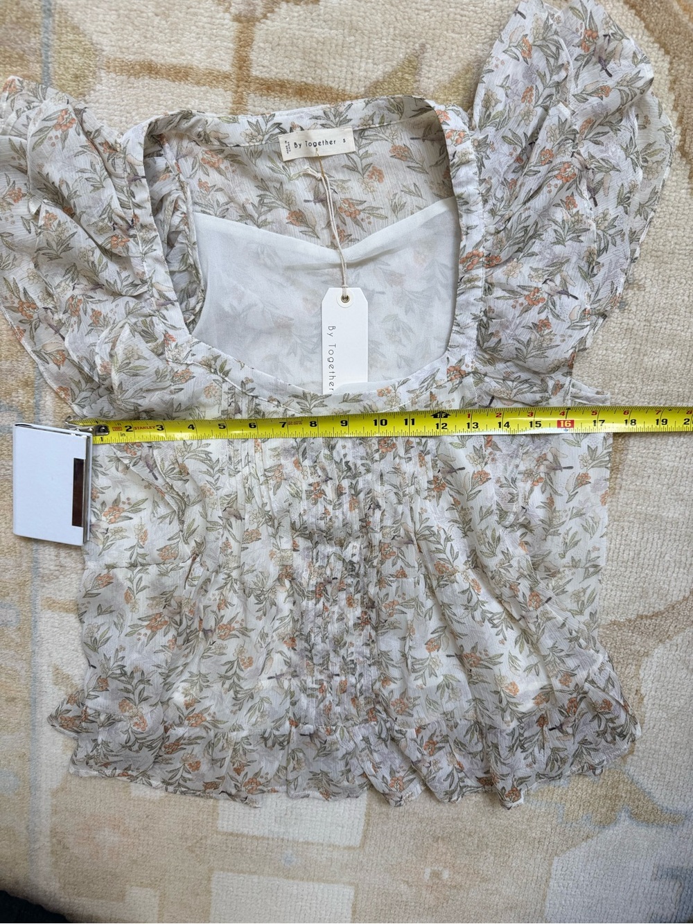 Floral Ruffle-Sleeve Peasant Top in Cream and Sage - Picture 7 of 7